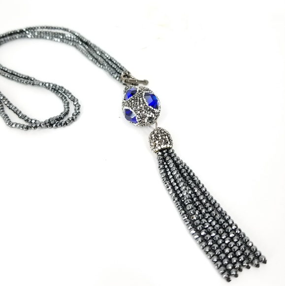 Blue Crystal Cat Eye Gem Hematite Tassel Choker NEW - Picture 12 of 12